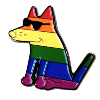 Hund in Regenbogen Streifen + Sonnenbrille Teddy Dog Anstecker Pin LGBT
